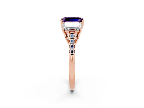 Rose gold Three-Stone Emerald Cut Amethyst Ring with Pavé Band and Prong Setting_14