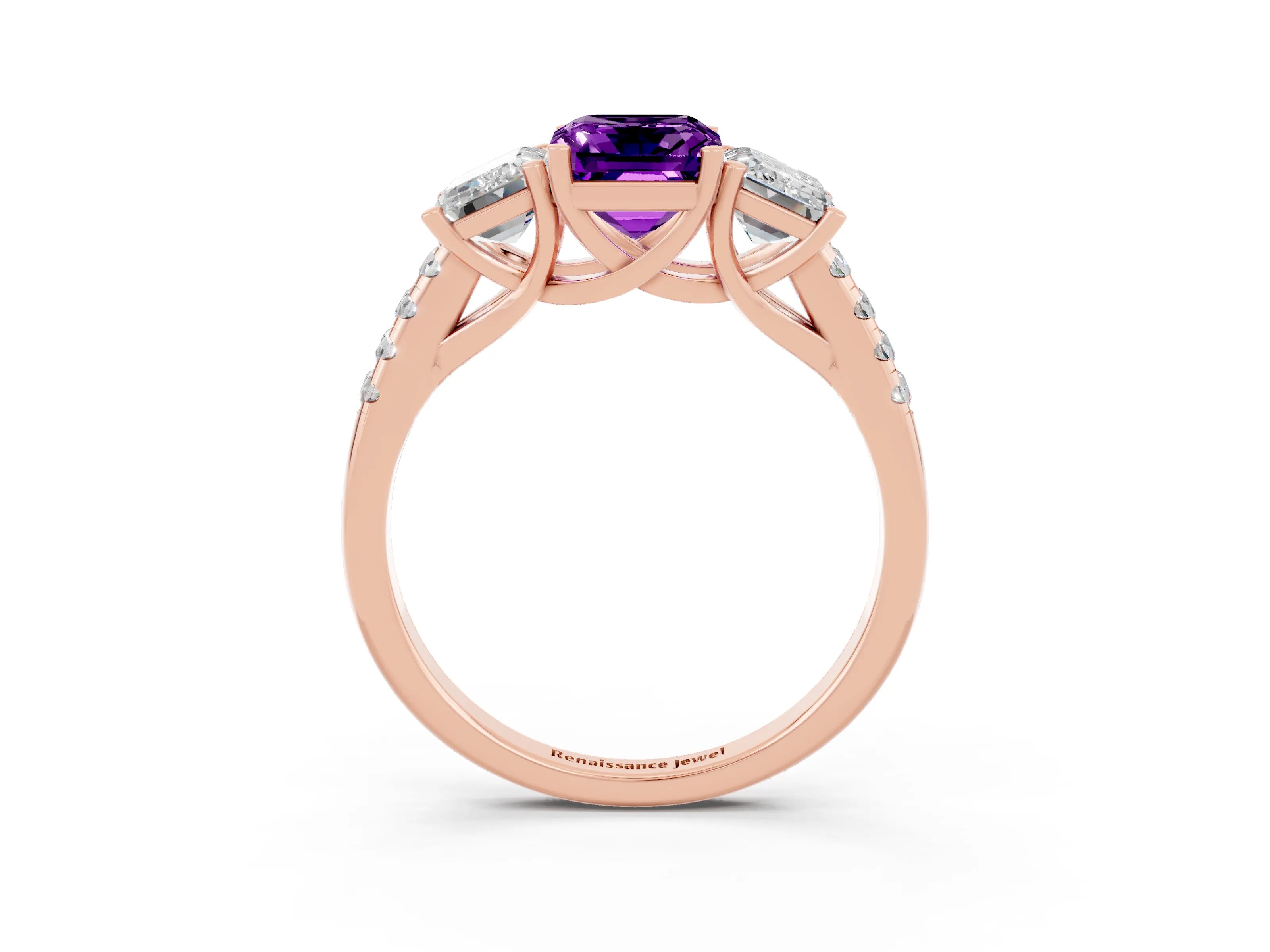 Rose gold Three-Stone Emerald Cut Amethyst Ring with Pavé Band and Prong Setting_15