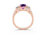 Rose gold Three-Stone Emerald Cut Amethyst Ring with Pavé Band and Prong Setting_15
