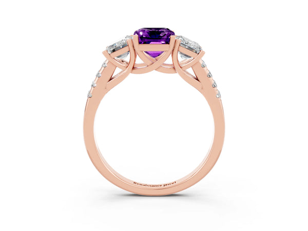 Rose gold Three-Stone Emerald Cut Amethyst Ring with Round  Pavé Band and Prong Setting