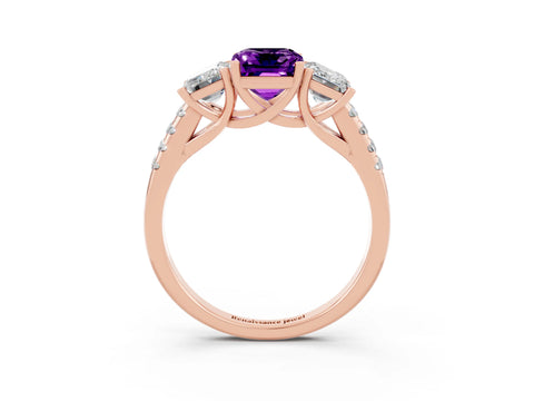 Rose gold Three-Stone Emerald Cut Amethyst Ring with Pavé Band and Prong Setting_15