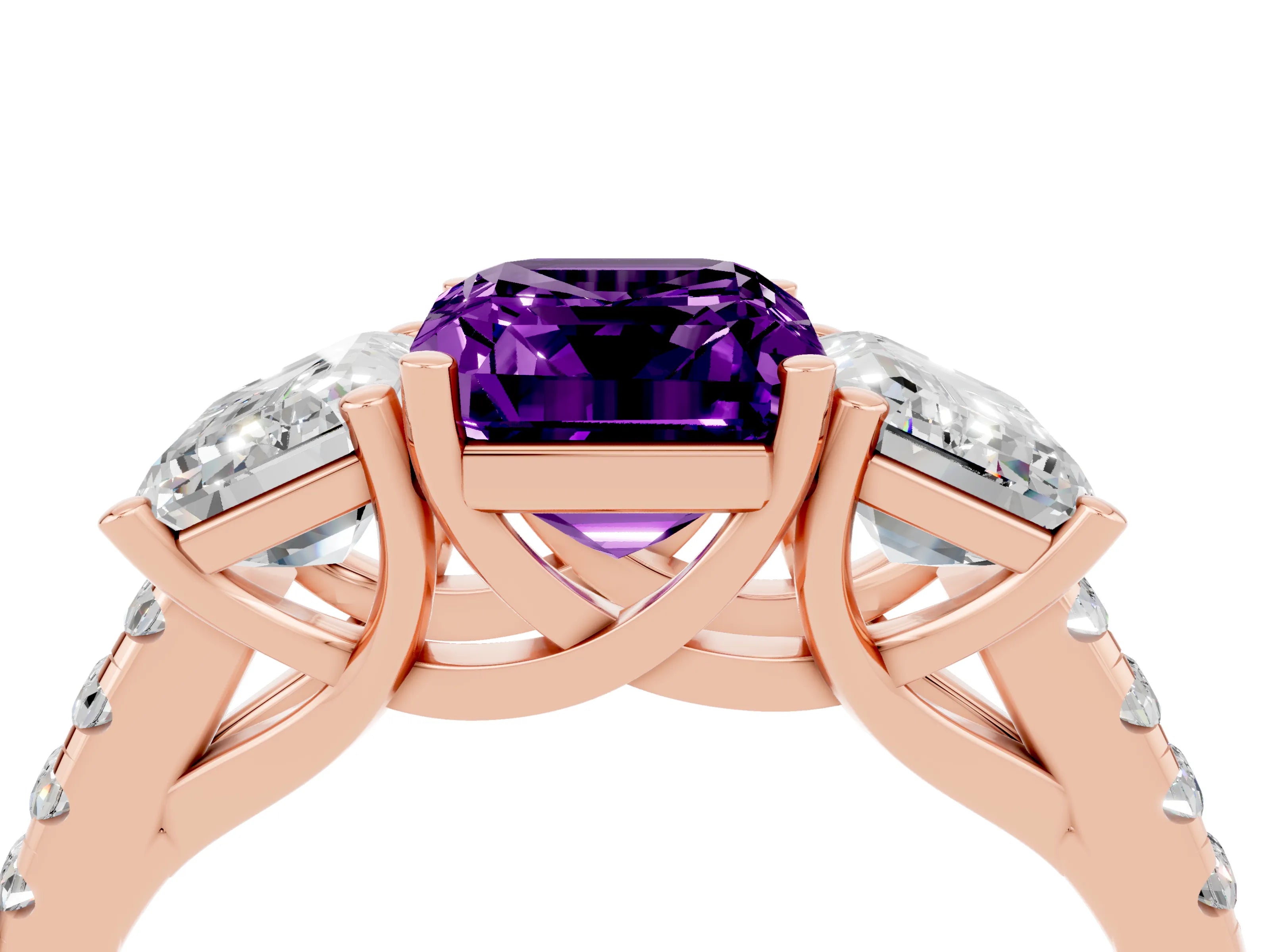 Rose gold Three-Stone Emerald Cut Amethyst Ring with Pavé Band and Prong Setting_16