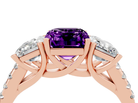 Rose gold Three-Stone Emerald Cut Amethyst Ring with Pavé Band and Prong Setting_16