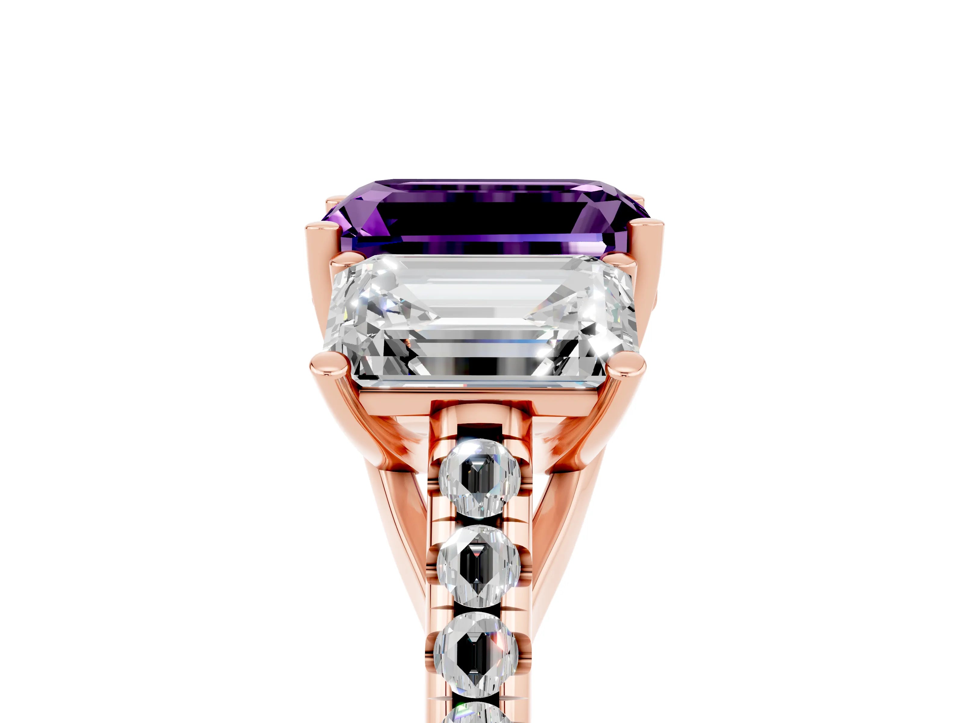 Rose gold Three-Stone Emerald Cut Amethyst Ring with Pavé Band and Prong Setting_17