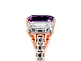 Rose gold Three-Stone Emerald Cut Amethyst Ring with Pavé Band and Prong Setting_17