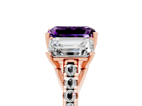 Rose gold Three-Stone Emerald Cut Amethyst Ring with Pavé Band and Prong Setting_17