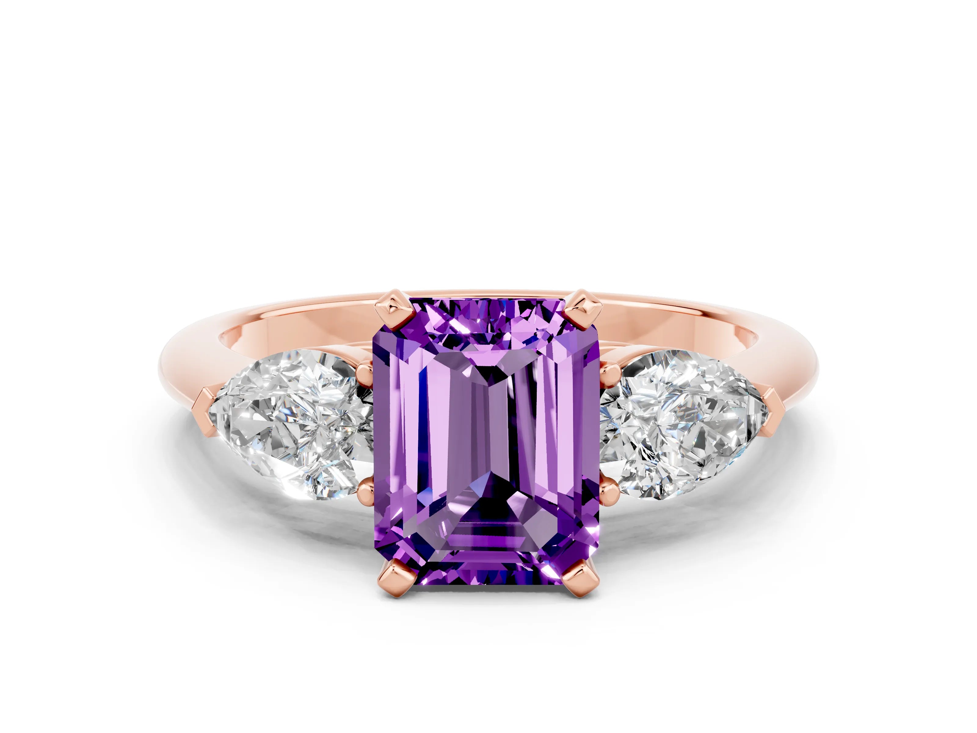 Rose gold Three-Stone Emerald Cut Amethyst Ring with Pear Side Stones and Four-Prong Setting