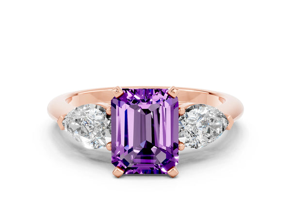 Rose gold Three-Stone Emerald Cut Amethyst Ring with Pear Side Stones and Four-Prong Setting