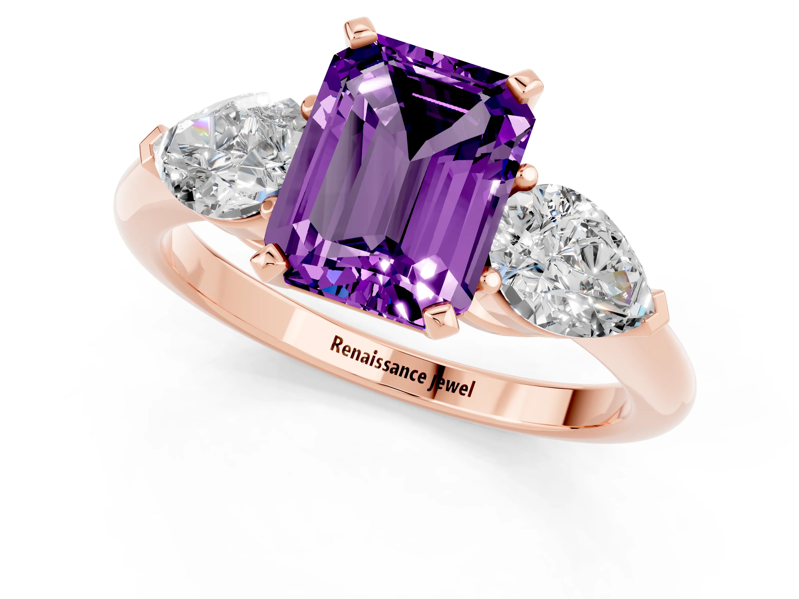 Rose gold Three-Stone Emerald Cut Amethyst Ring with Pear Side Stones and Four-Prong Setting_1
