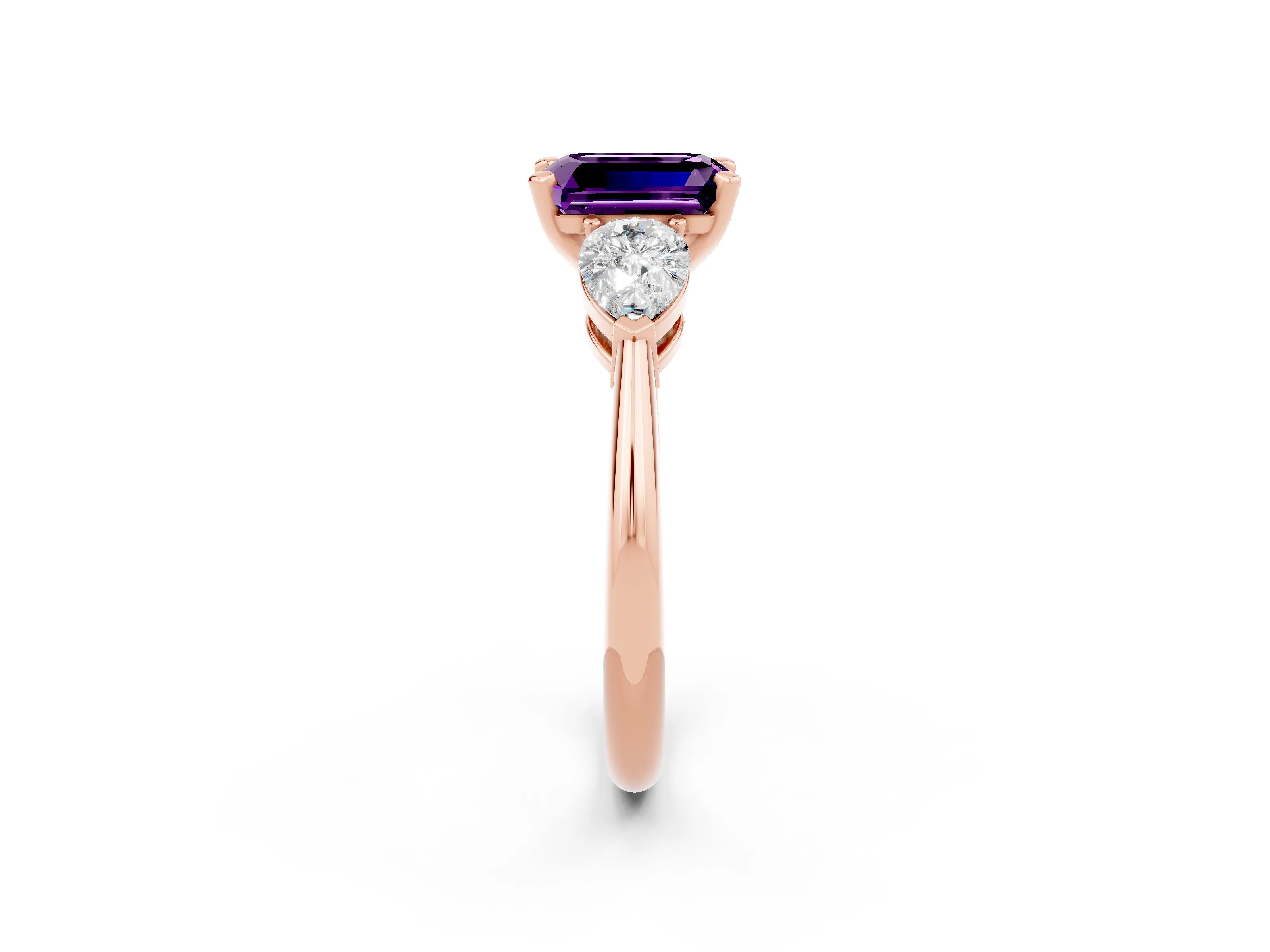 Rose gold Three-Stone Emerald Cut Amethyst Ring with Pear Side Stones and Four-Prong Setting_2