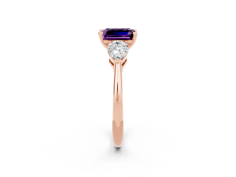 Rose gold Three-Stone Emerald Cut Amethyst Ring with Pear Side Stones and Four-Prong Setting_2