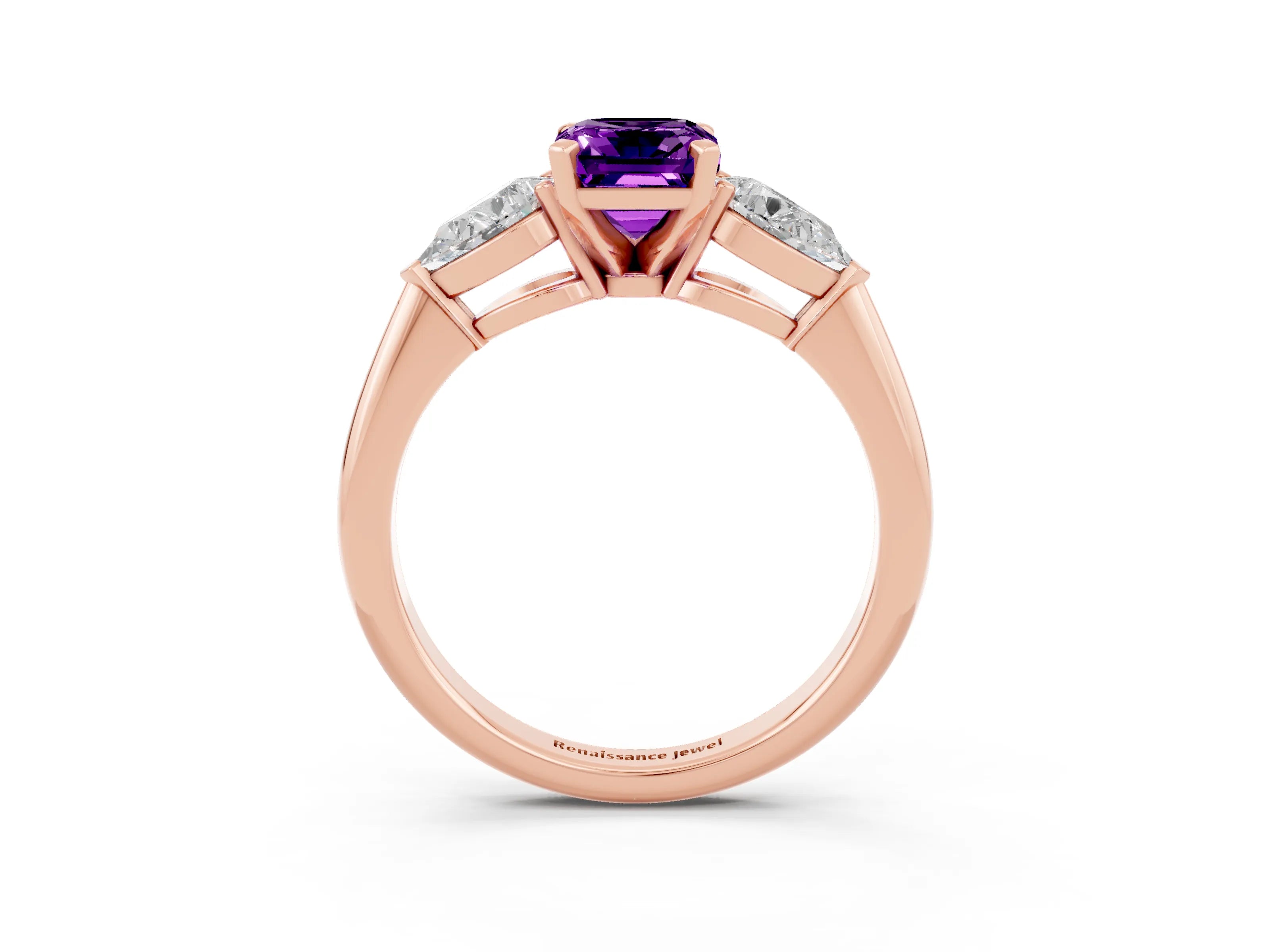 Rose gold Three-Stone Emerald Cut Amethyst Ring with Pear Side Stones and Four-Prong Setting_3