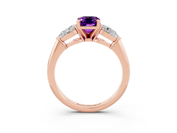 Rose gold Three-Stone Emerald Cut Amethyst Ring with Pear Side Stones and Four-Prong Setting