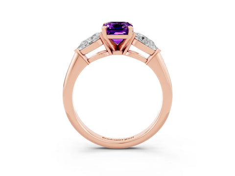 Rose gold Three-Stone Emerald Cut Amethyst Ring with Pear Side Stones and Four-Prong Setting_3