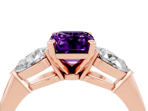 Rose gold Three-Stone Emerald Cut Amethyst Ring with Pear Side Stones and Four-Prong Setting_4