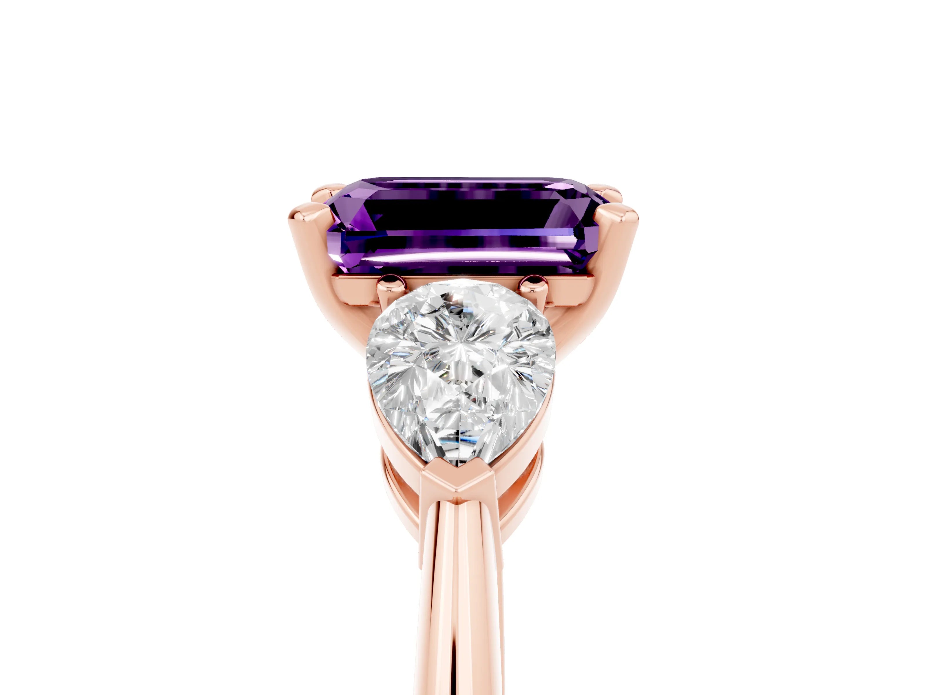 Rose gold Three-Stone Emerald Cut Amethyst Ring with Pear Side Stones and Four-Prong Setting_5