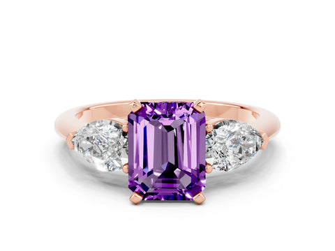 Rose gold Three-Stone Emerald Cut Amethyst Ring with Pear Side Stones and Four-Prong Setting