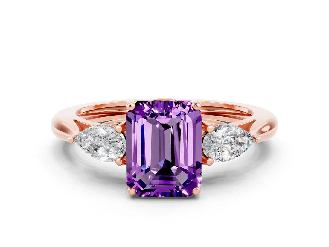 Rose gold Three-Stone Emerald Cut Amethyst Ring with Pear  Side Stones in Four-Prong Setting_12