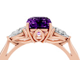Rose gold Three-Stone Emerald Cut Amethyst Ring with Pear  Side Stones in Four-Prong Setting_16