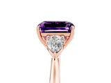 Rose gold Three-Stone Emerald Cut Amethyst Ring with Pear  Side Stones in Four-Prong Setting_17