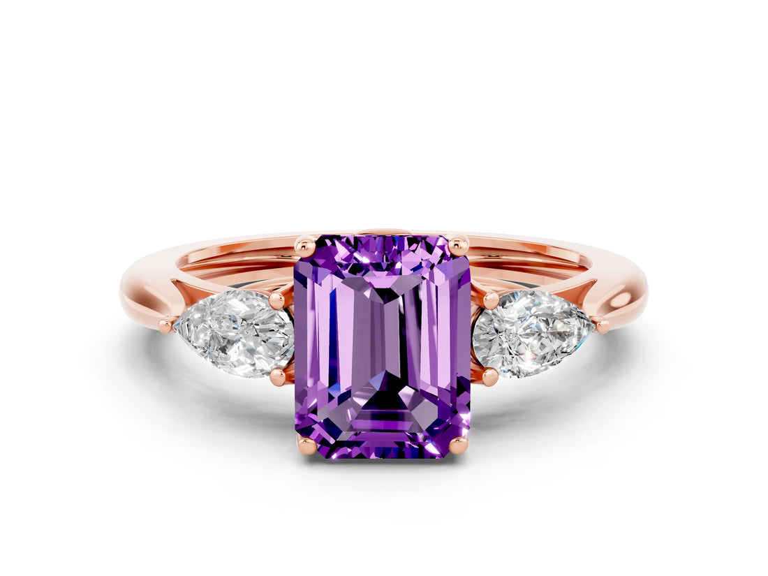 Rose gold Three-Stone Emerald Cut Amethyst Ring with Pear  Side Stones in Four-Prong Setting_36