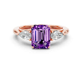 Rose gold Three-Stone Emerald Cut Amethyst Ring with Pear  Side Stones in Four-Prong Setting_36
