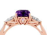 Rose gold Three-Stone Emerald Cut Amethyst Ring with Pear  Side Stones in Four-Prong Setting_40