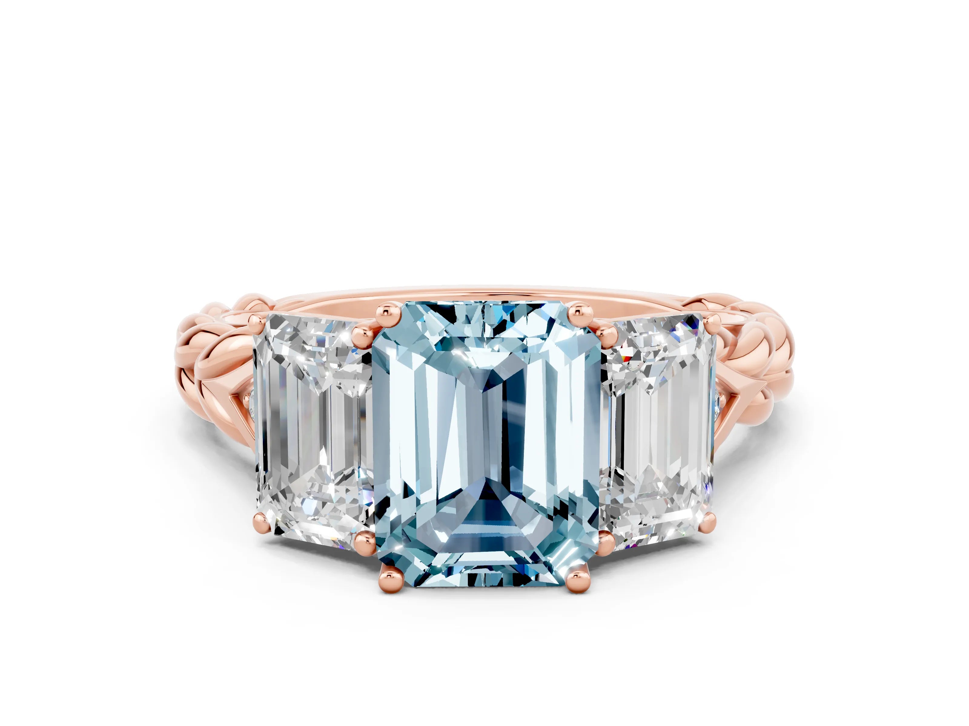 Rose gold Three-Stone Emerald Cut Aquamarine Braided Band Ring with Four-Prong Setting_36