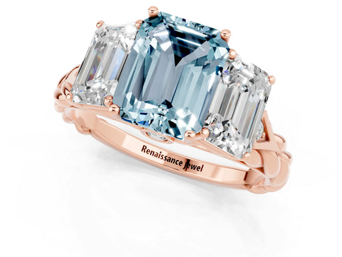 Rose gold Three-Stone Emerald Cut Aquamarine Braided Band Ring with Four-Prong Setting_37