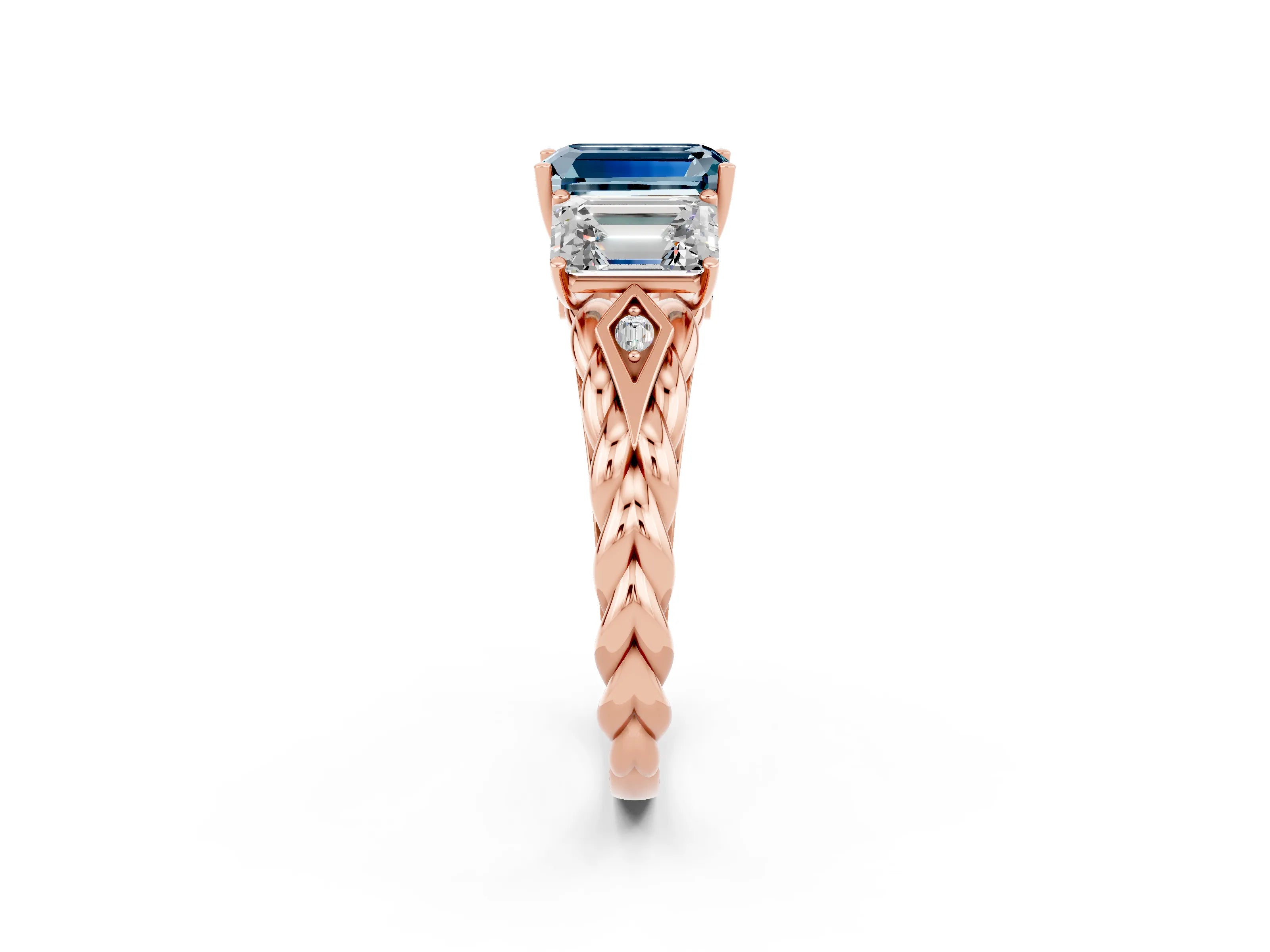 Rose gold Three-Stone Emerald Cut Aquamarine Braided Band Ring with Four-Prong Setting_38
