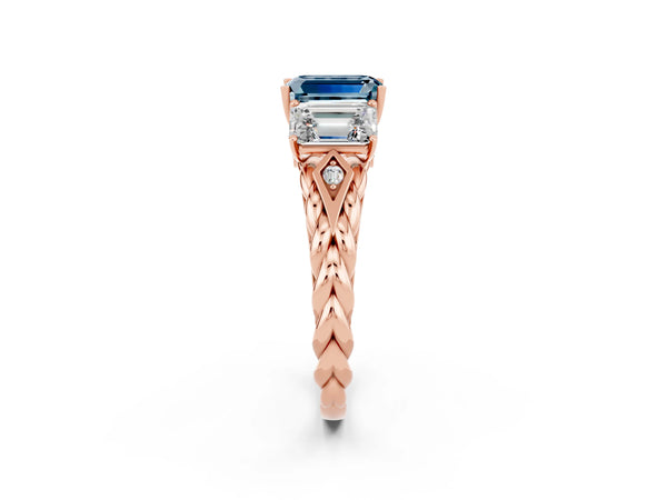 Rose gold Three-Stone Emerald Cut Aquamarine Braided Band Ring with Four-Prong Setting