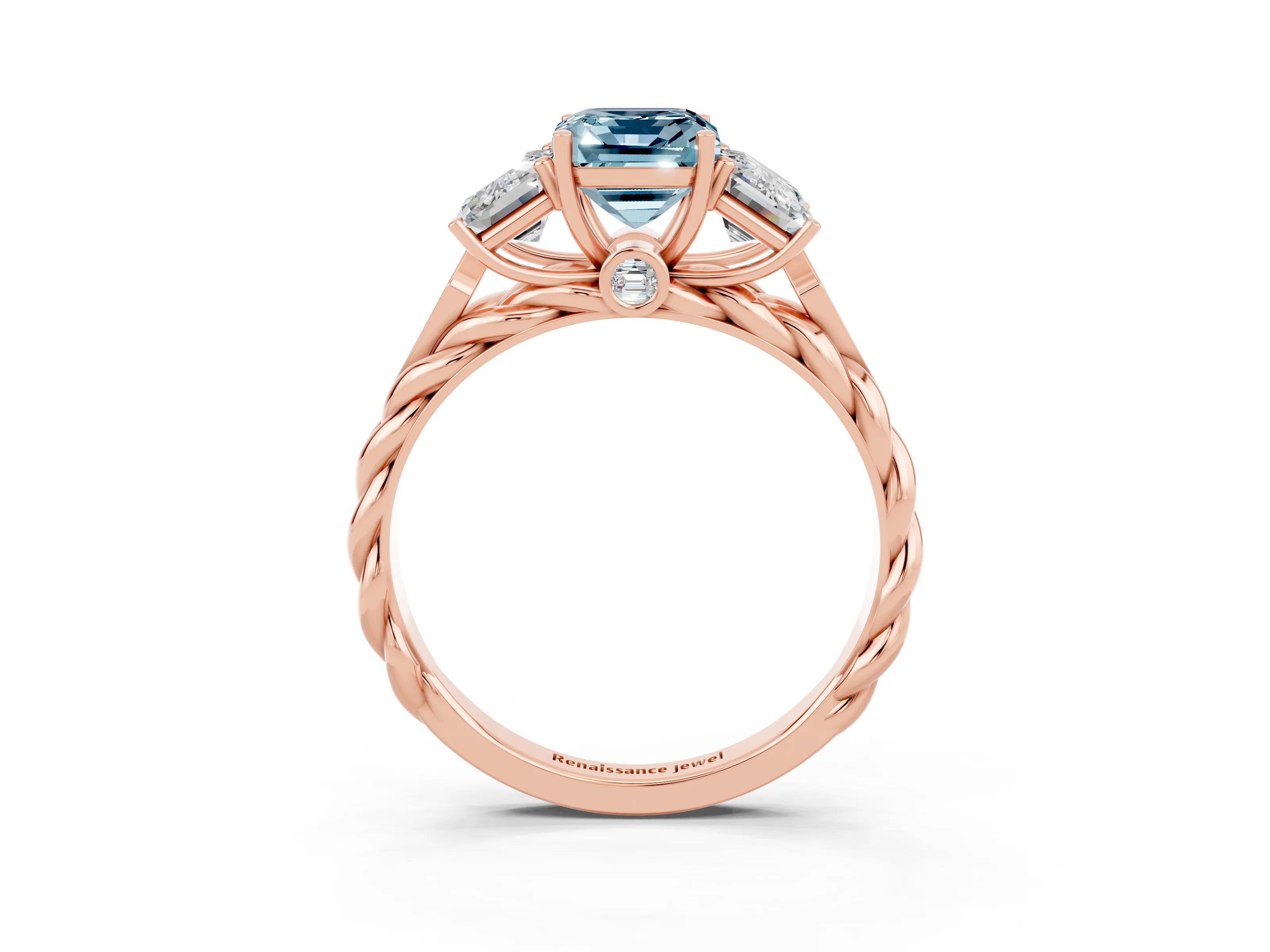 Rose gold Three-Stone Emerald Cut Aquamarine Braided Band Ring with Four-Prong Setting_39