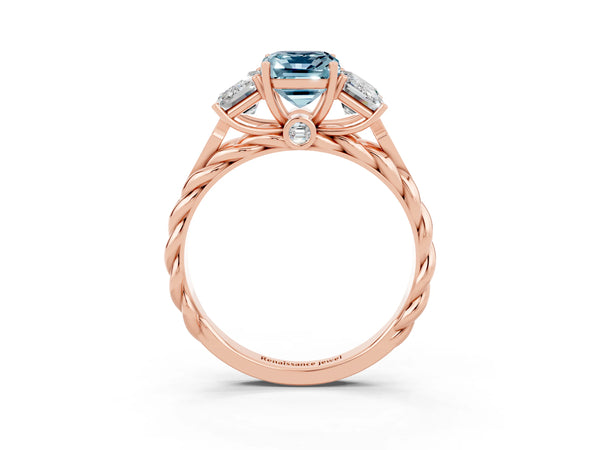 Rose gold Three-Stone Emerald Cut Aquamarine Braided Band Ring with Four-Prong Setting
