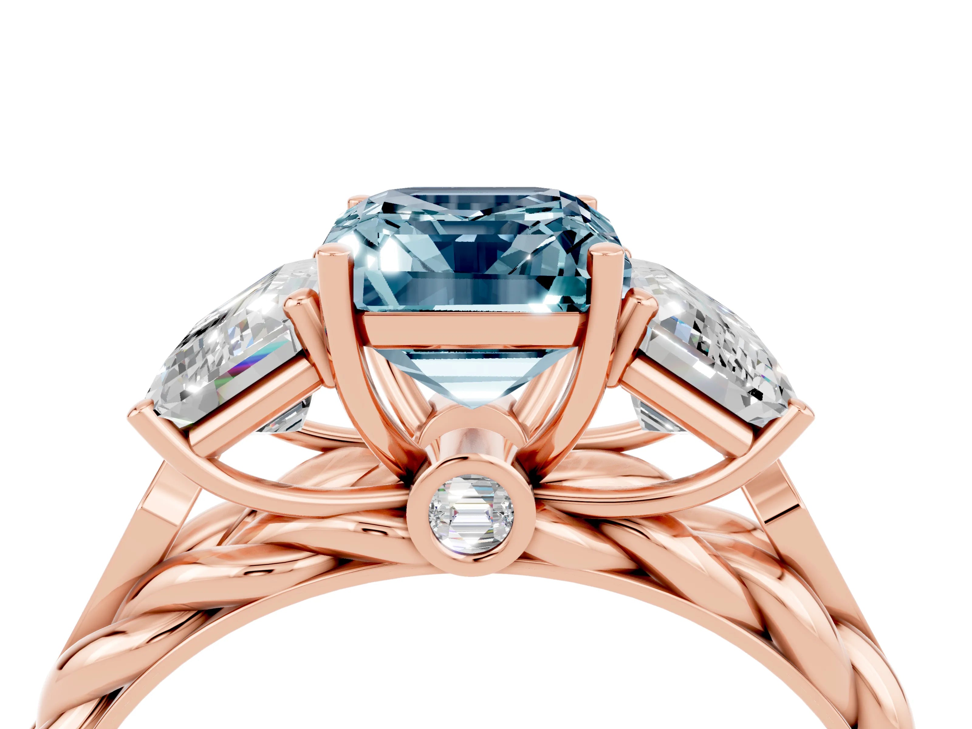 Rose gold Three-Stone Emerald Cut Aquamarine Braided Band Ring with Four-Prong Setting_40
