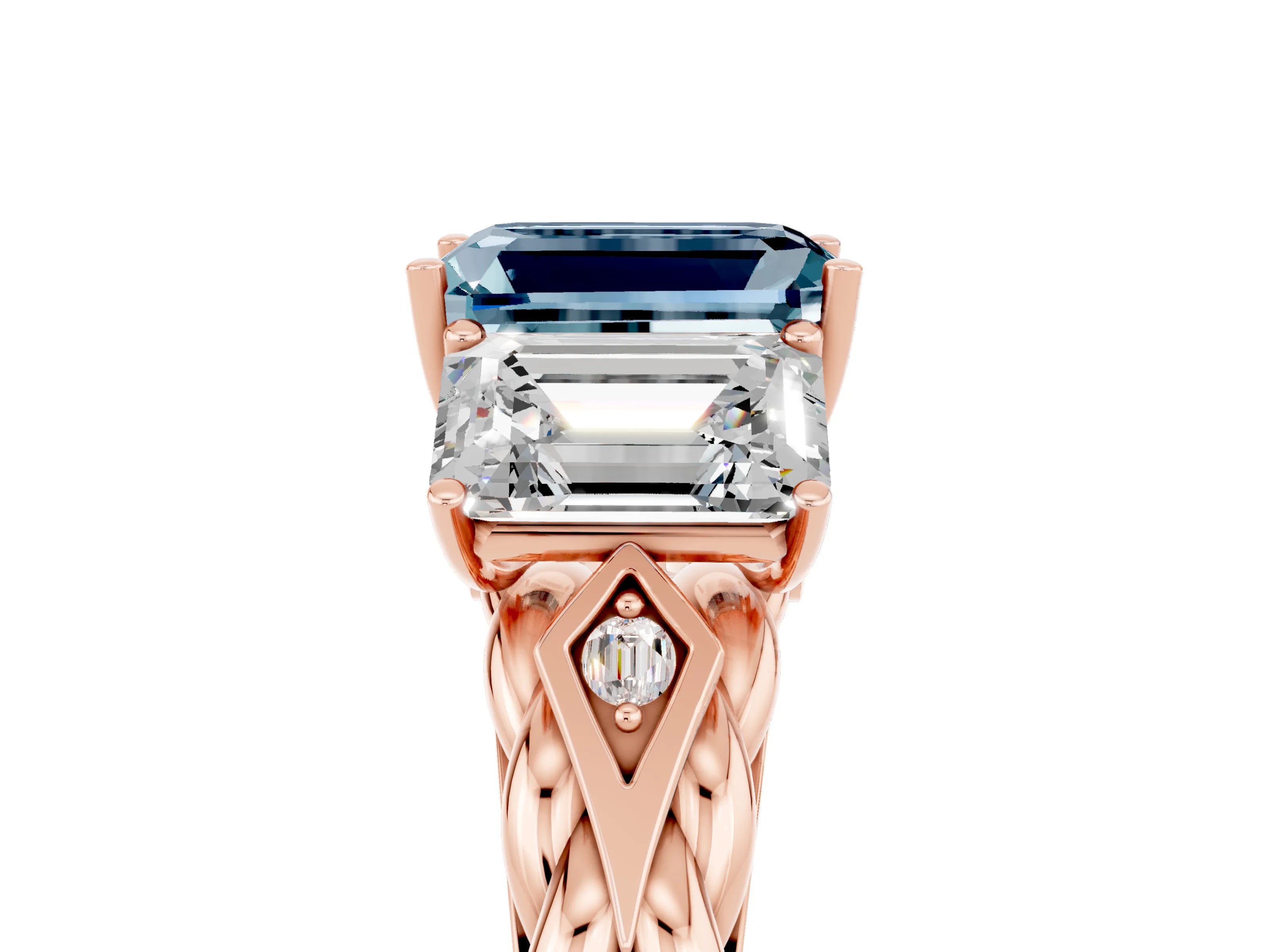 Rose gold Three-Stone Emerald Cut Aquamarine Braided Band Ring with Four-Prong Setting_41