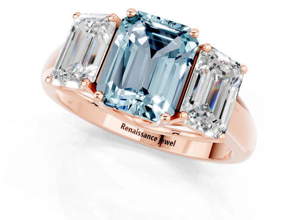 Rose gold Three-Stone Emerald Cut Aquamarine Engagement Ring with Prong Setting