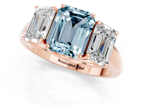 Rose gold Three-Stone Emerald Cut Aquamarine Engagement Ring with Prong Setting_1