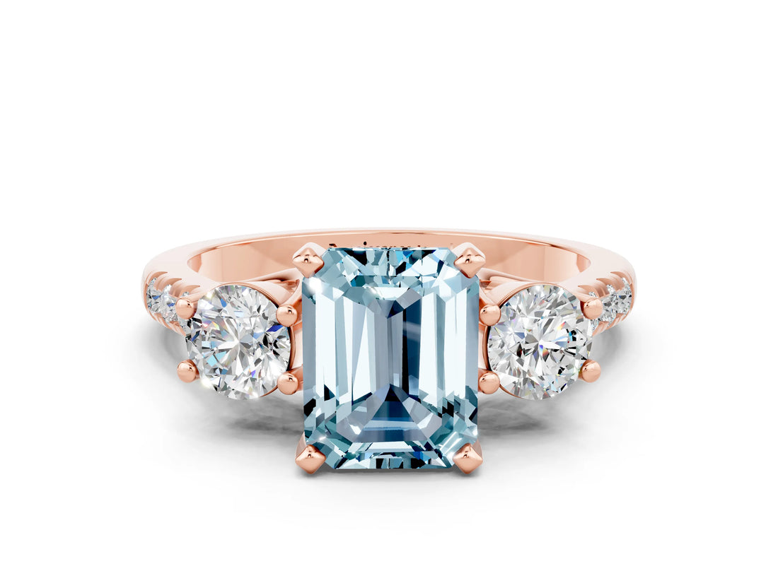 Rose gold Three-Stone Emerald Cut Aquamarine Pavé Band with Four-Prong Setting