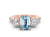 Rose gold Three-Stone Emerald Cut Aquamarine Pavé Band with Four-Prong Setting