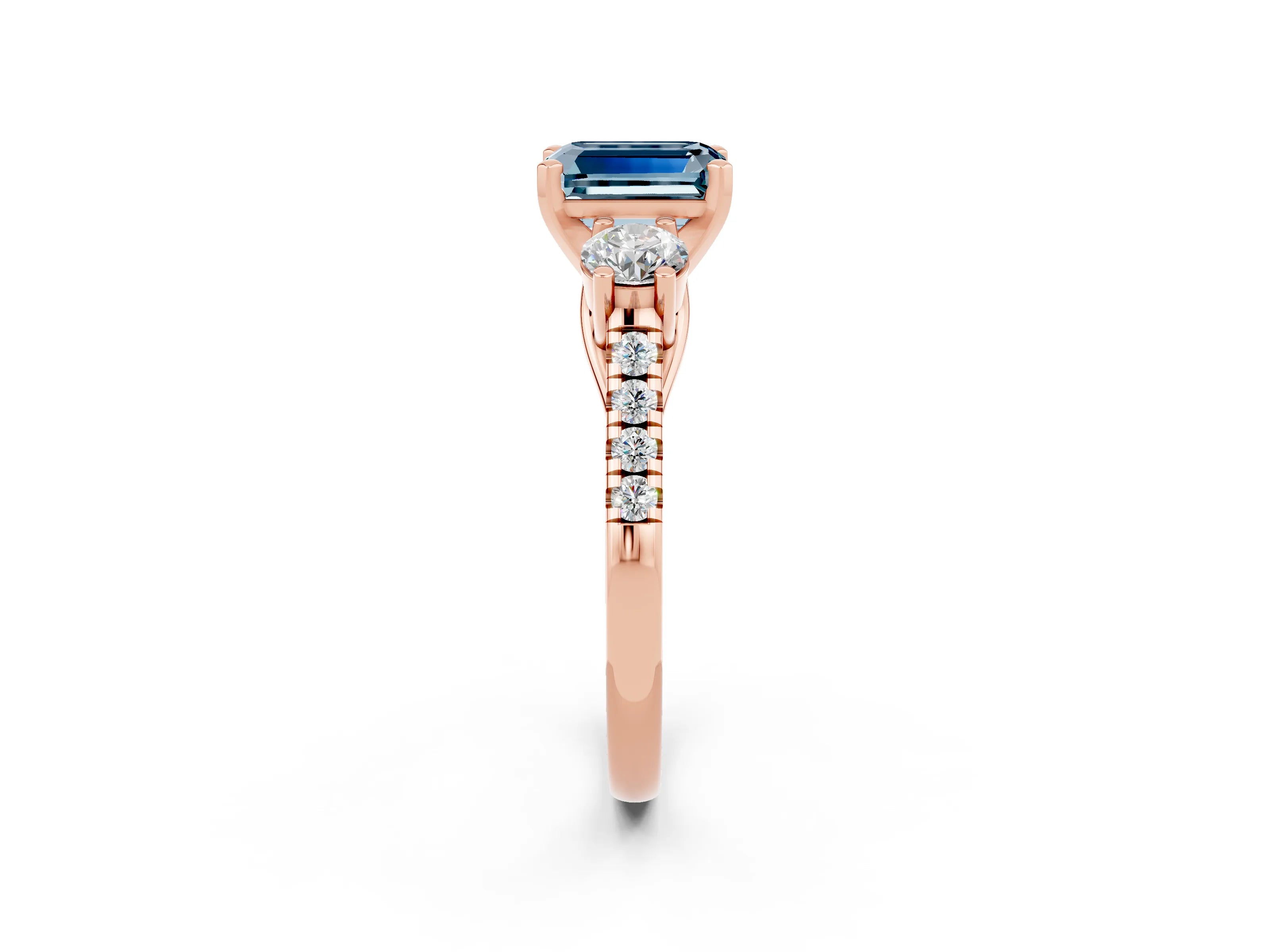 Rose gold Three-Stone Emerald Cut Aquamarine Pavé Band with Four-Prong Setting_2