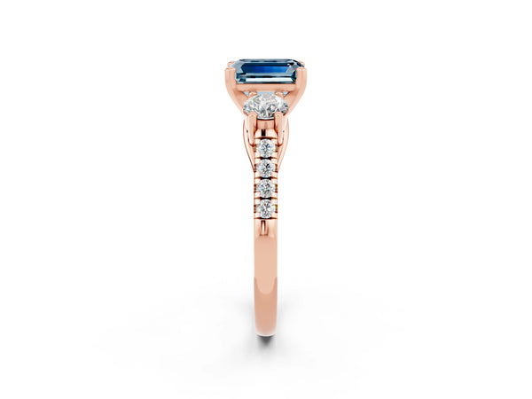 Rose gold Three-Stone Emerald Cut Aquamarine Pavé Band with Four-Prong Setting
