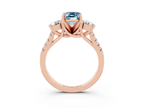 Rose gold Three-Stone Emerald Cut Aquamarine Pavé Band with Four-Prong Setting