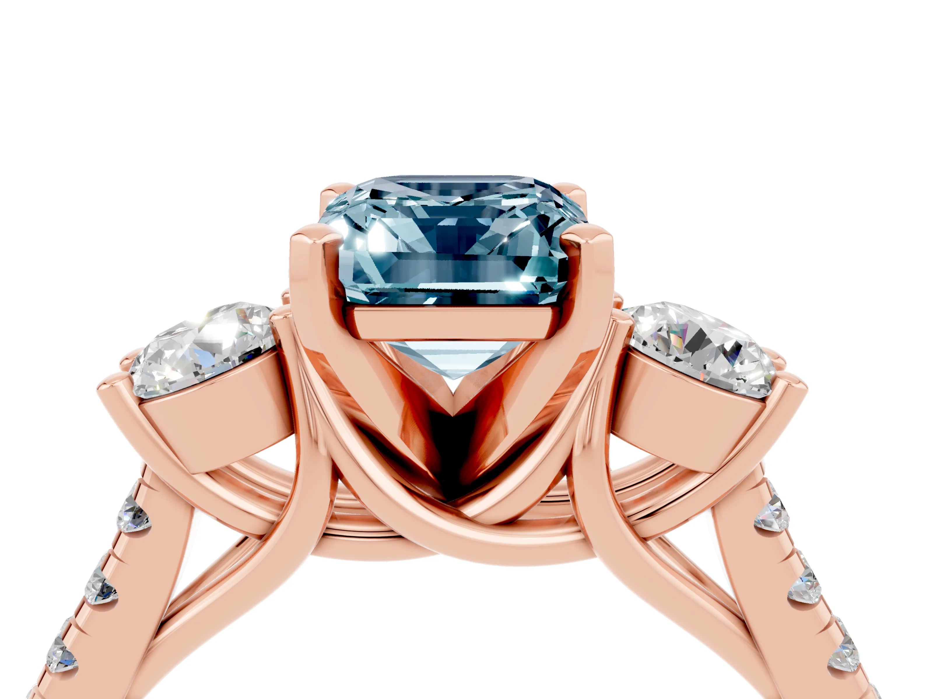 Rose gold Three-Stone Emerald Cut Aquamarine Pavé Band with Four-Prong Setting_4
