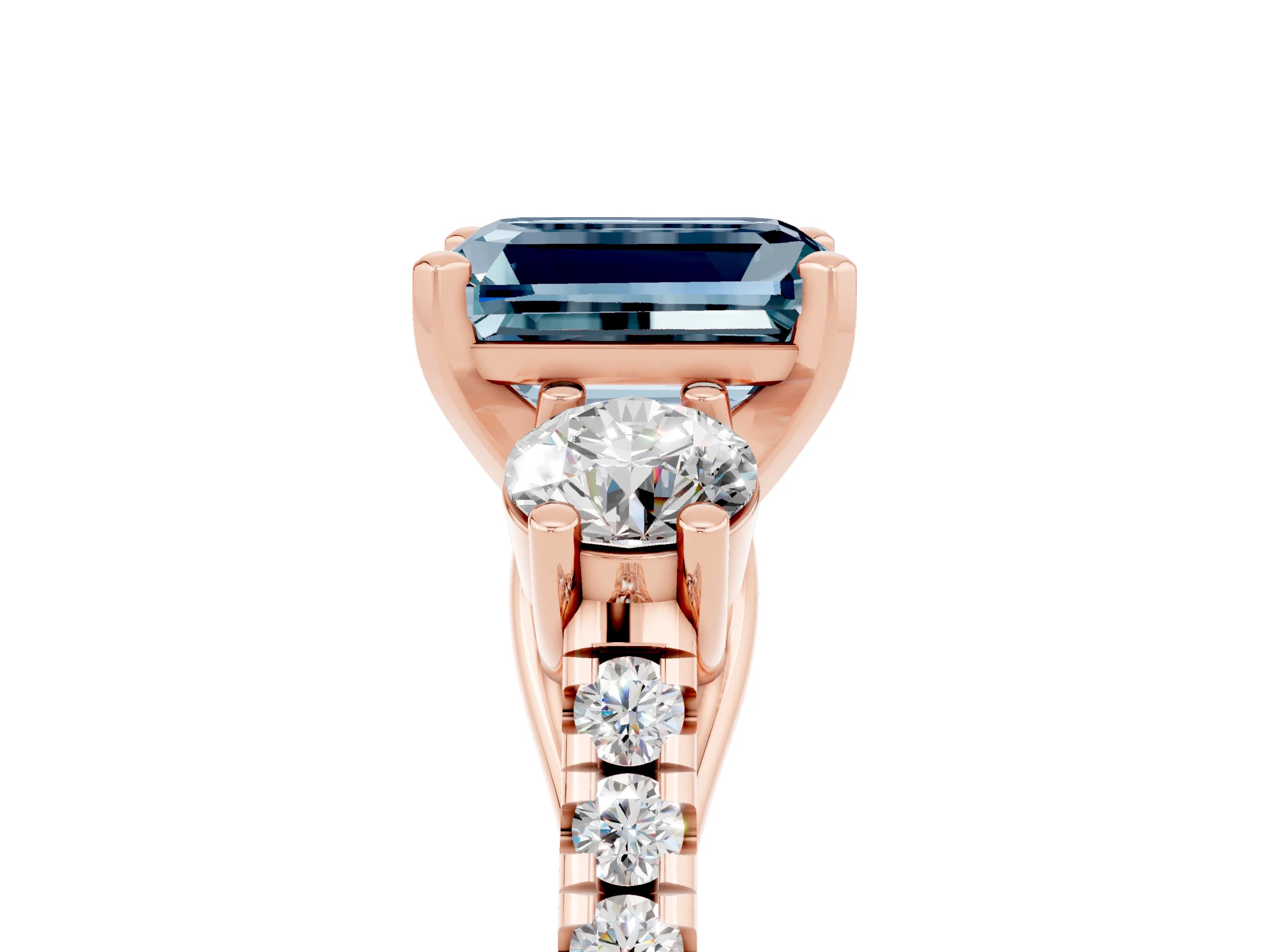 Rose gold Three-Stone Emerald Cut Aquamarine Pavé Band with Four-Prong Setting_5