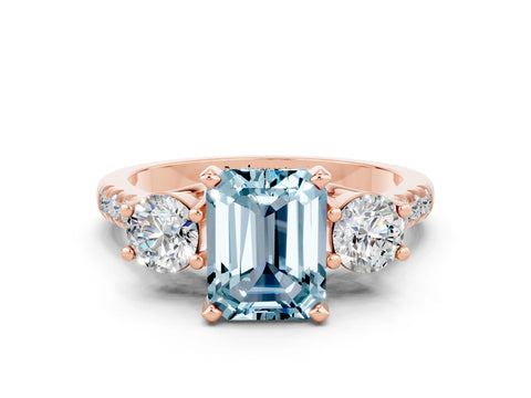 Rose gold Three-Stone Emerald Cut Aquamarine Pavé Band with Four-Prong Setting