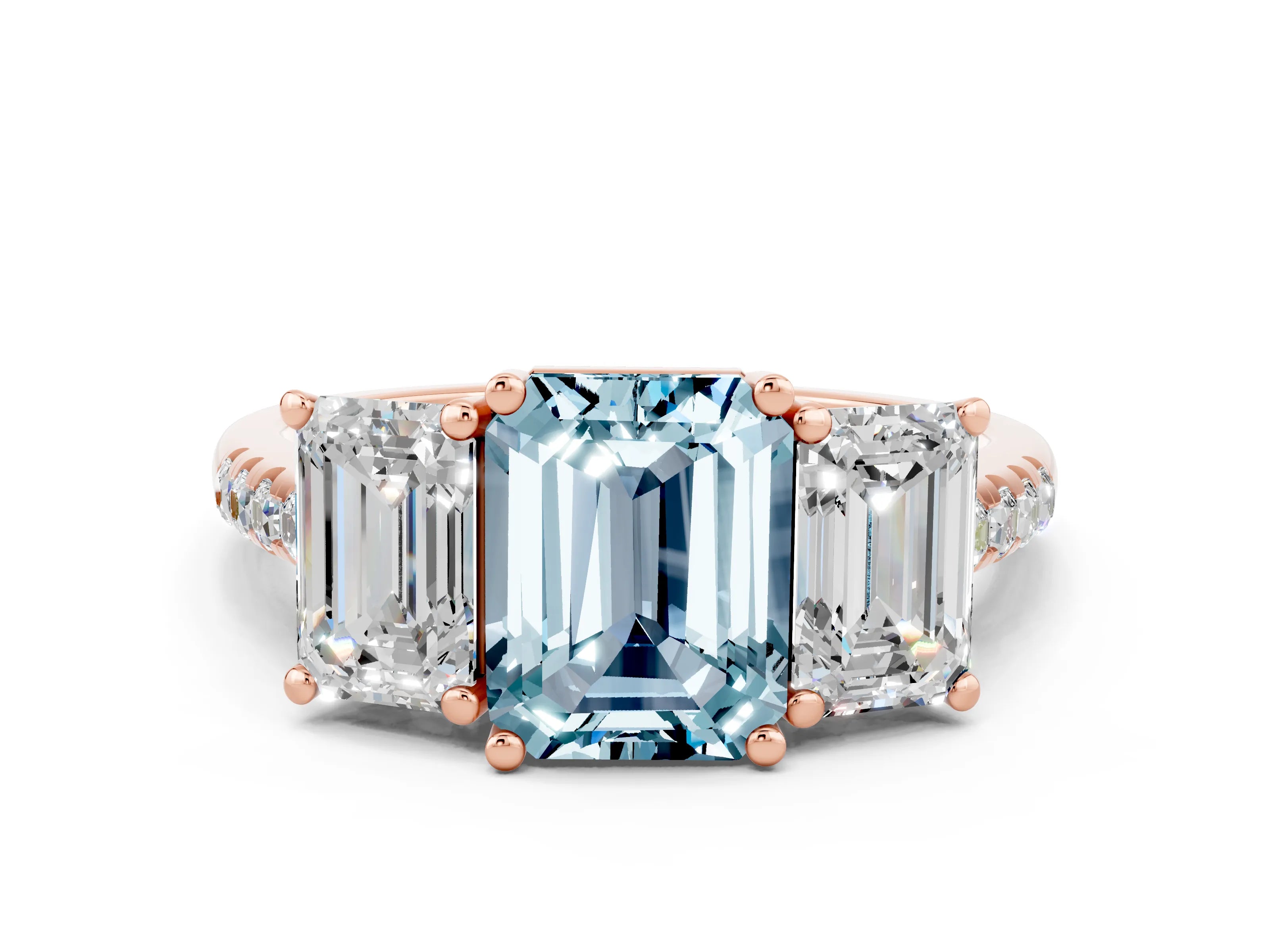 Rose gold Three-Stone Emerald Cut Aquamarine Ring with Pavé Band and Prong Setting_12
