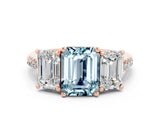 Rose gold Three-Stone Emerald Cut Aquamarine Ring with Pavé Band and Prong Setting_12
