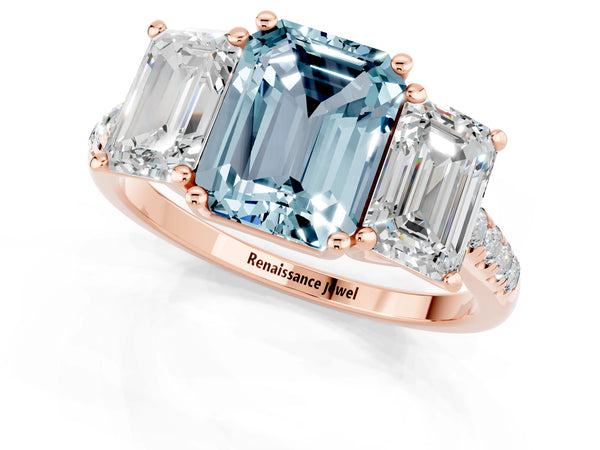 Rose gold Three-Stone Emerald Cut Aquamarine Ring with Round  Pavé Band and Prong Setting