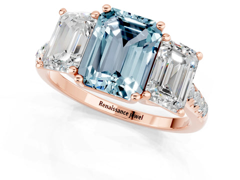 Rose gold Three-Stone Emerald Cut Aquamarine Ring with Pavé Band and Prong Setting_13