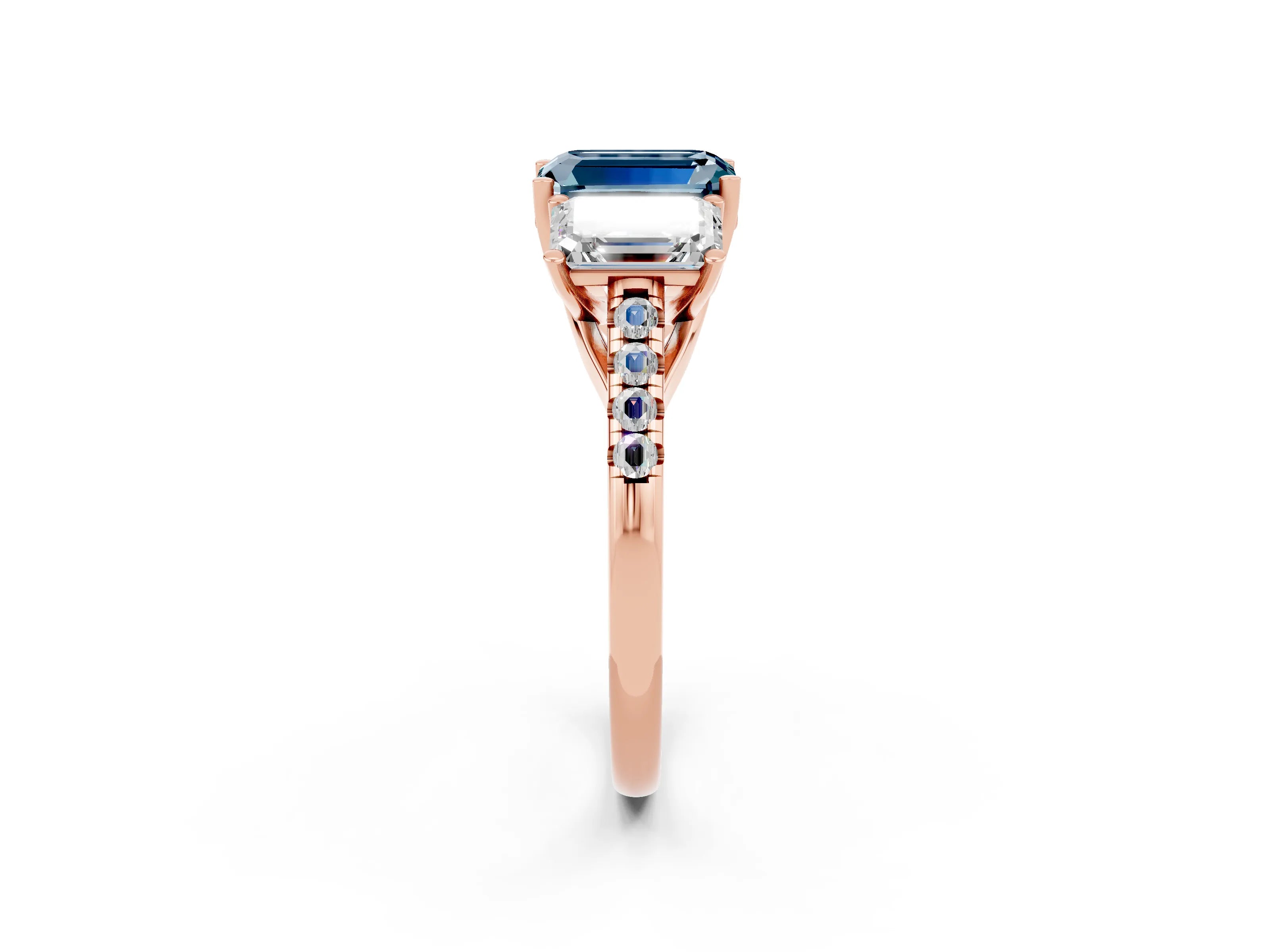 Rose gold Three-Stone Emerald Cut Aquamarine Ring with Pavé Band and Prong Setting_14
